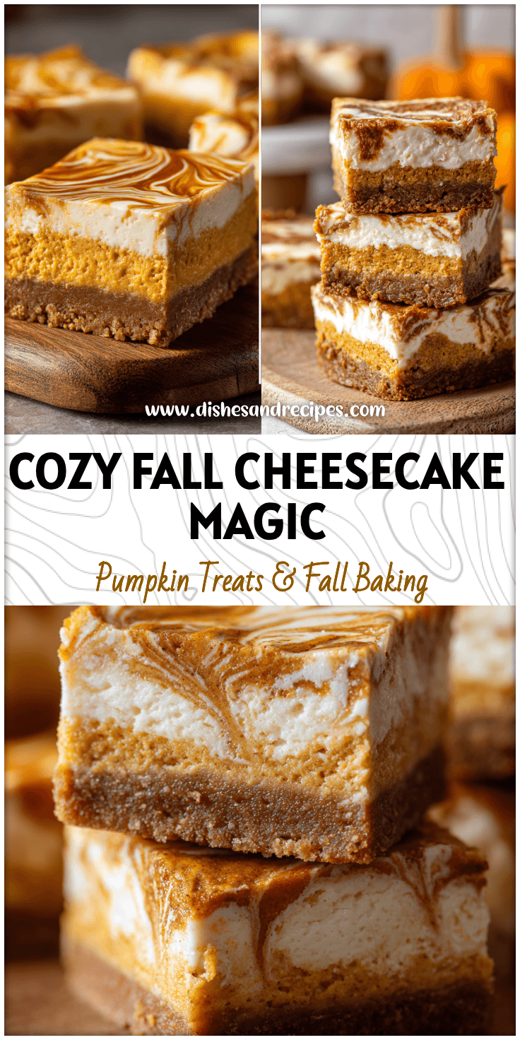 Creamy Pumpkin Cheesecake Bars with swirled pumpkin layers perfect for a Friendsgiving dessert spread.
